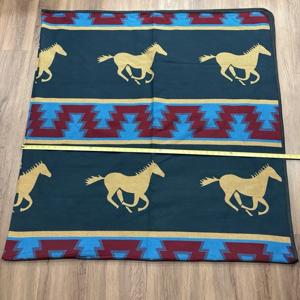 Wool Running Horses Native Style Blanket Teal Gold Reversible Casino Exclu 90x92